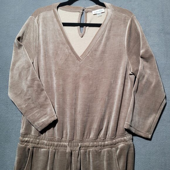 Calvin Klein Womens Jumpsuit Velour Drawstring Waist Pockets V Neck - Picture 2 of 5